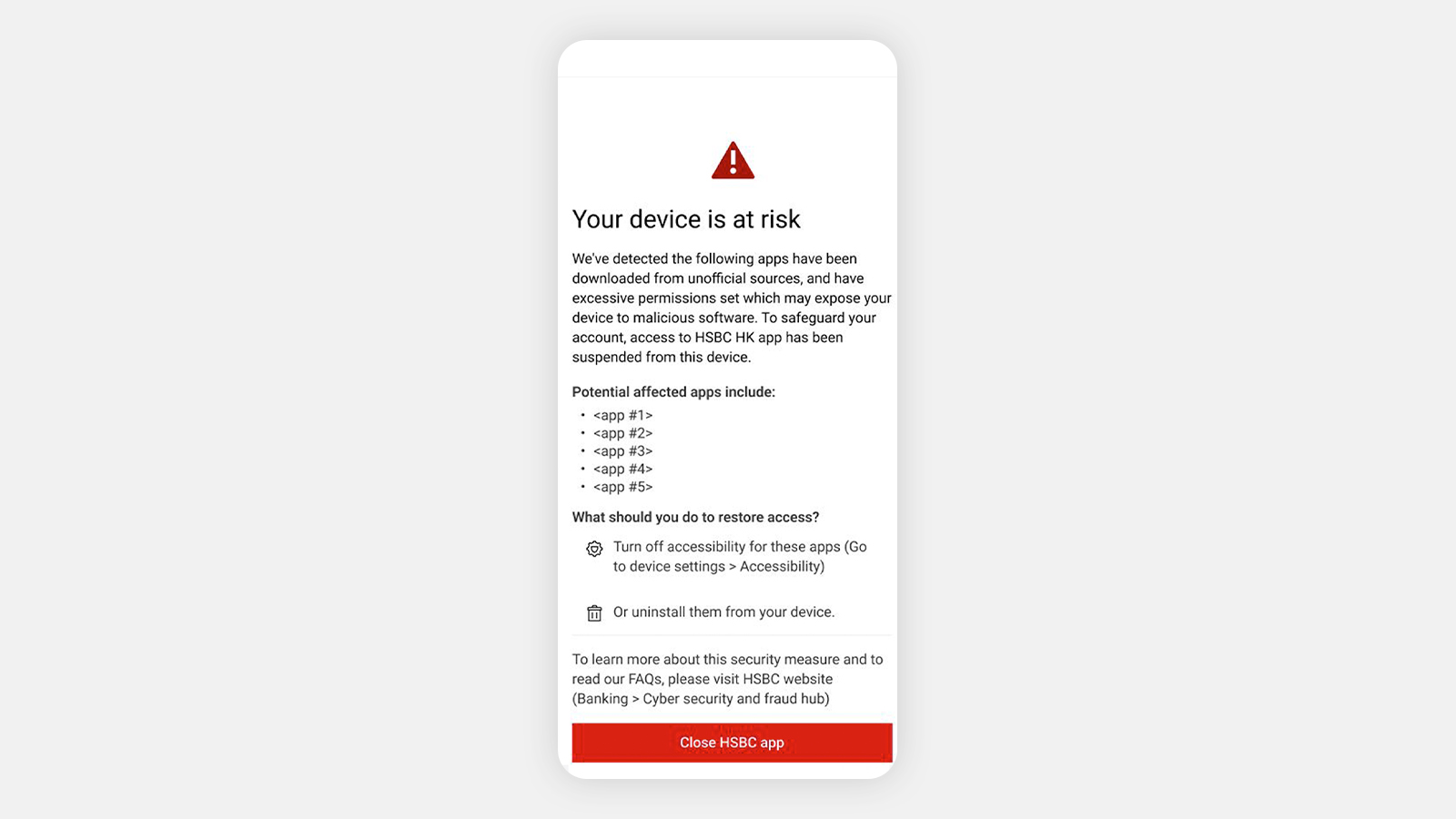 Screen from the HSBC AU app, with a red warning icon and the heading "Your device is at risk"