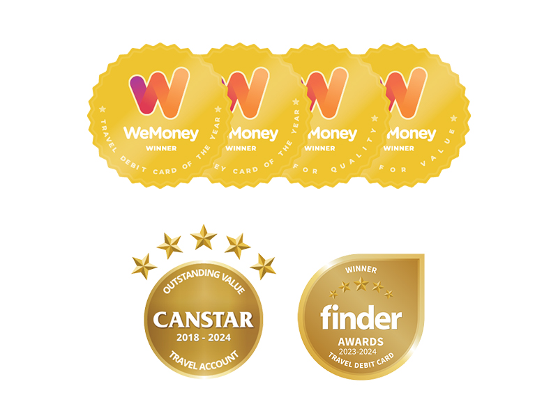 WeMoney’s Travel Money Card of the Year, Travel Debit Card of the Year, Best for Quality Travel Money & Travel Debit Card and Best for Value Travel Money & Travel Debit Card. Canstar’s Award for Outstanding Value – Travel Debit Card 2018 - 2023 and Finder’s Travel Debit Card Award 2023 - 2024.